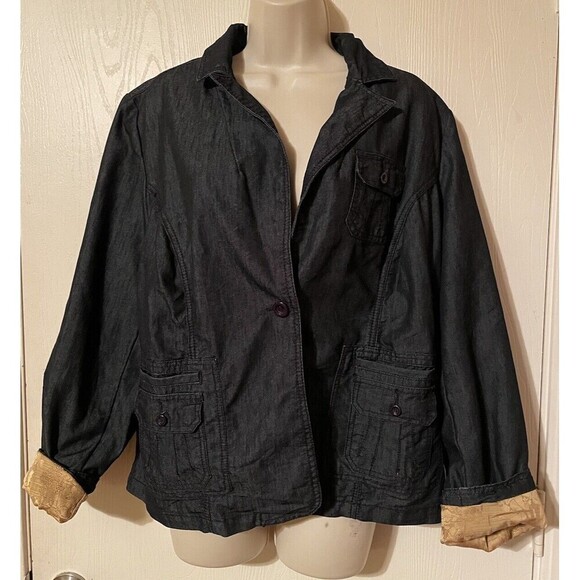 Apostrophe Jackets & Blazers - Apostrophe Blue Denim Gold Lined Pocketed Single Button Jacket Coat SZ 16W